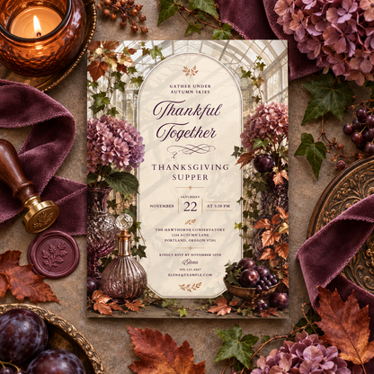 Thankful Together Thanksgiving Supper invitation Canva template with candle and wax seal, editable autumn floral design