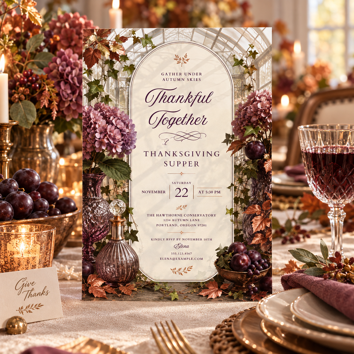 Thankful Together Thanksgiving Supper invitation template displayed at table setting with wine glass, editable digital download