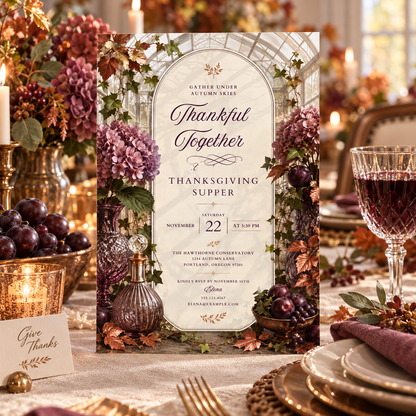 Thankful Together Thanksgiving Supper invitation template displayed at table setting with wine glass, editable digital download