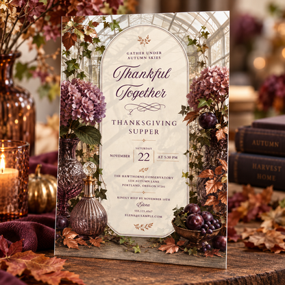 Close-up of editable Thankful Together Thanksgiving Supper invitation with autumn books and pumpkin decor