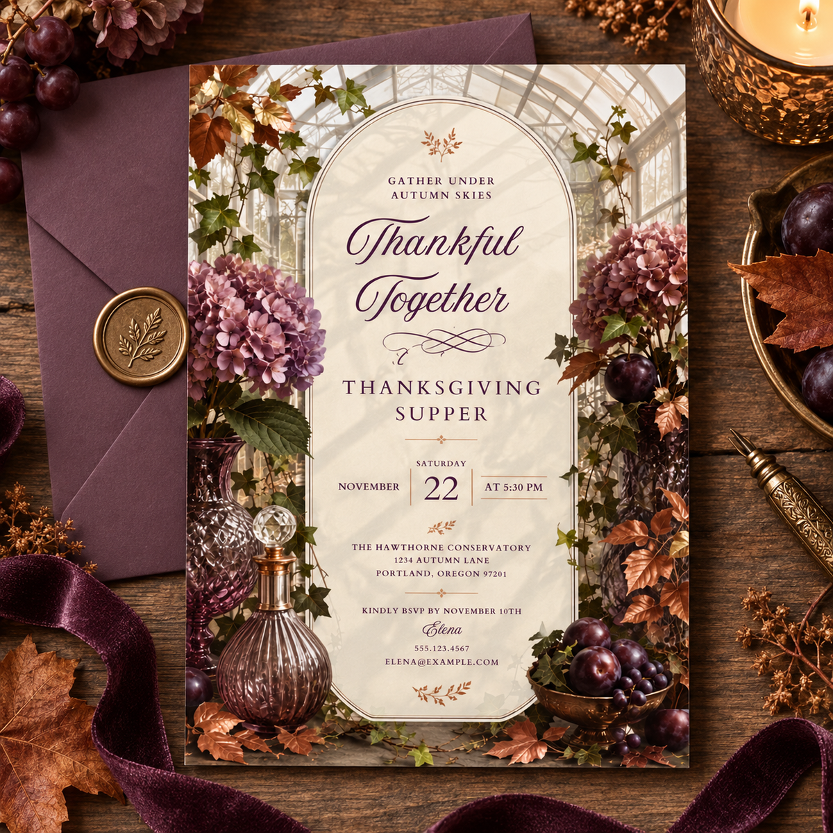 Thankful Together Thanksgiving Supper invitation Canva template with envelope, editable elegant design