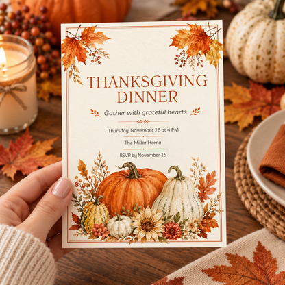 Thanksgiving Dinner invitation Canva template held in hand, editable rustic pumpkin design