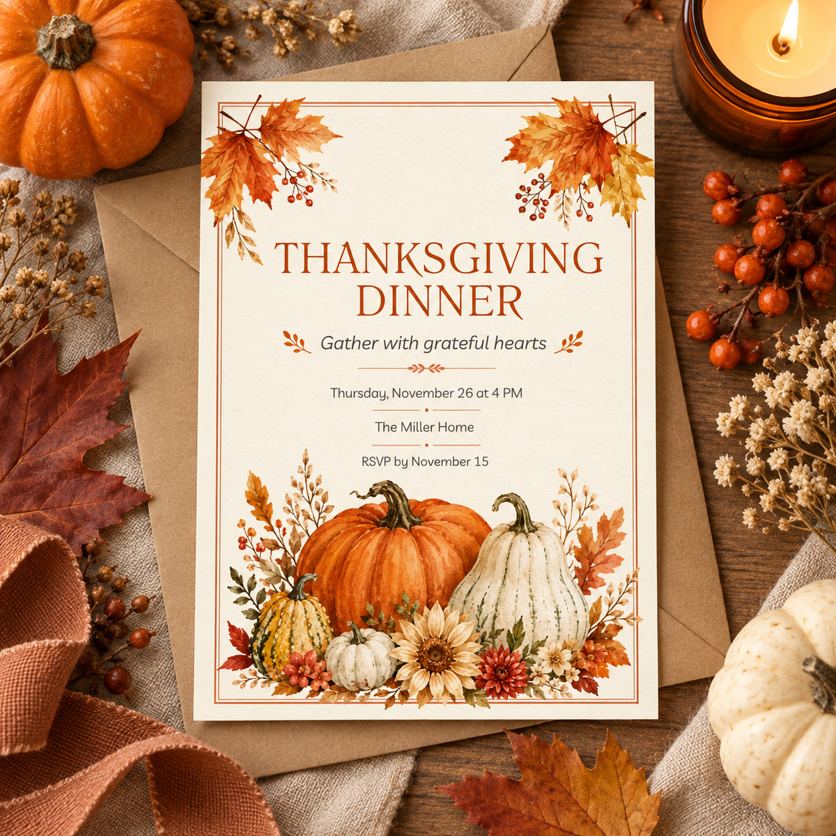 Thanksgiving Dinner invitation Canva template with kraft envelope and candle, editable autumn watercolor design