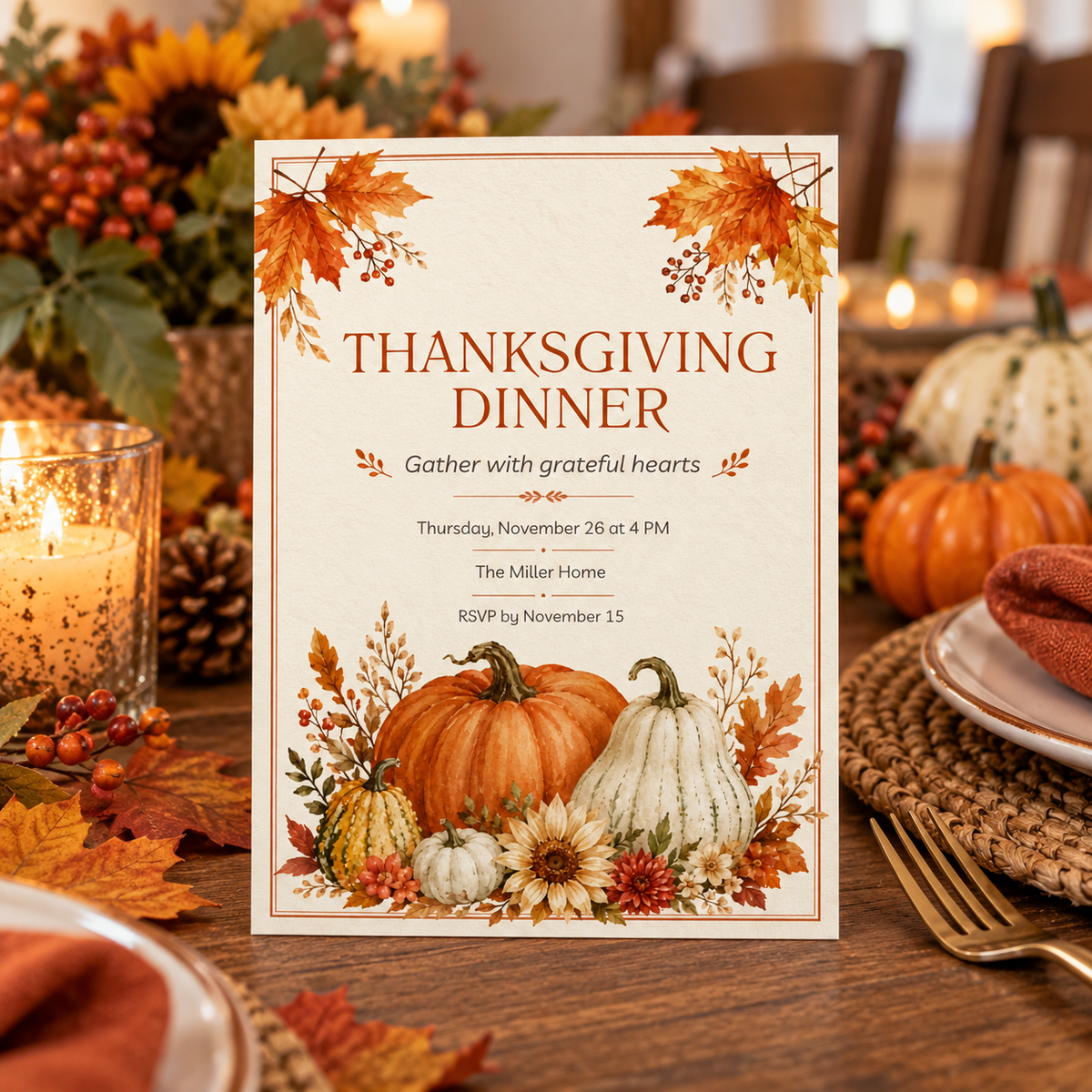Thanksgiving Dinner invitation template displayed at table setting with sunflowers, editable digital download