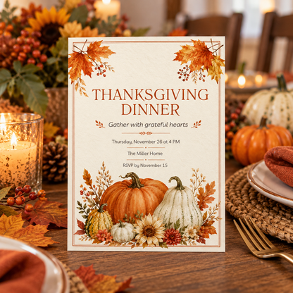 Thanksgiving Dinner invitation template displayed at table setting with sunflowers, editable digital download