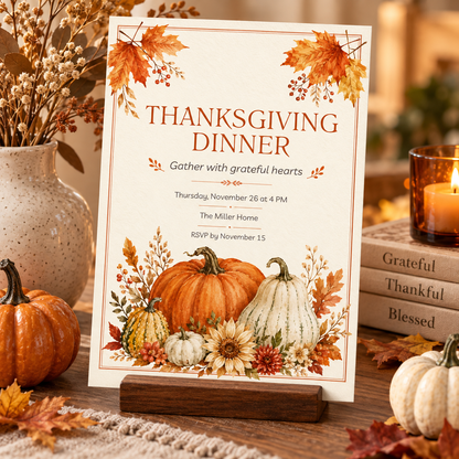 Thanksgiving Dinner invitation template on wooden stand with Grateful Thankful Blessed books, editable pumpkin design