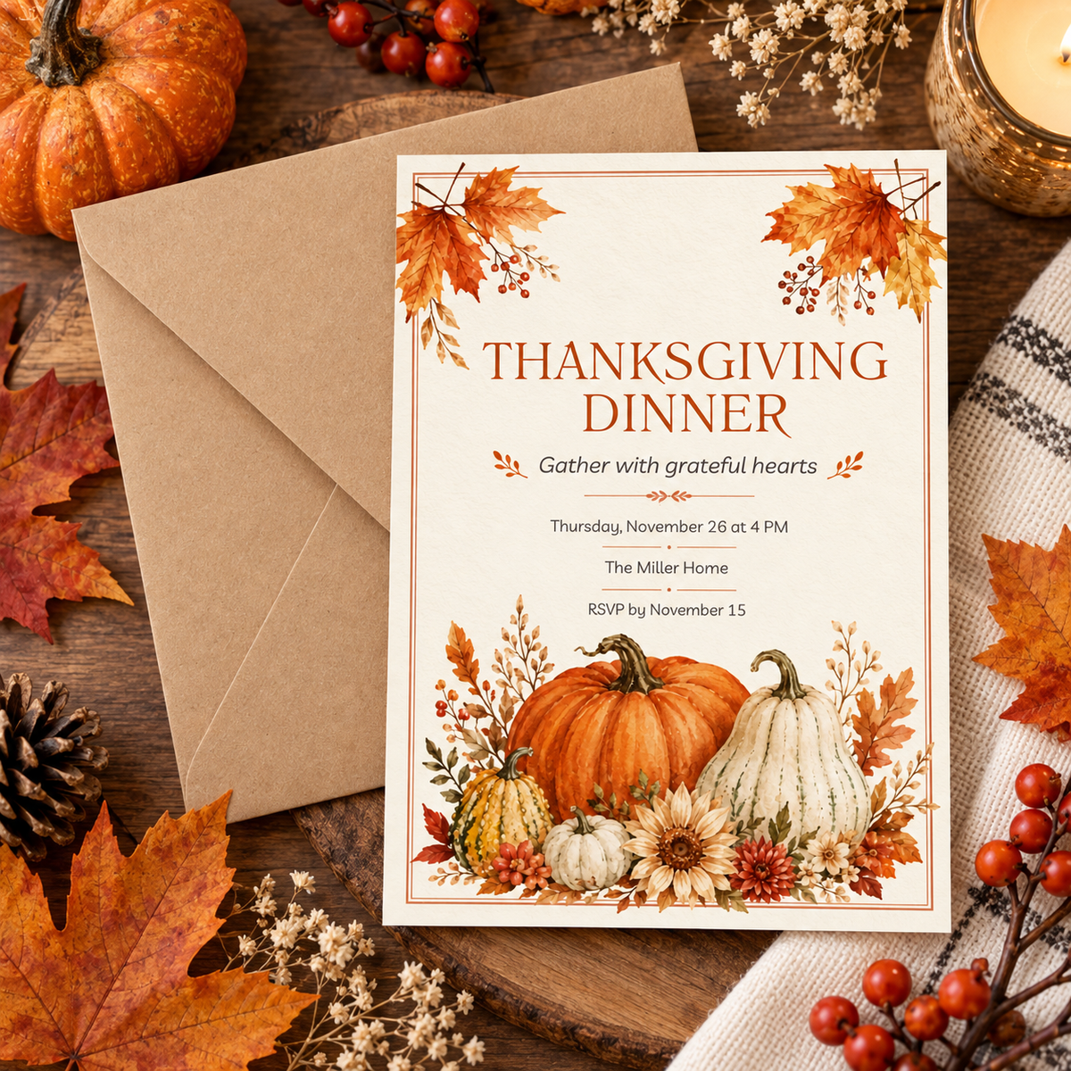 Thanksgiving Dinner invitation Canva template with kraft envelope, editable fall harvest design