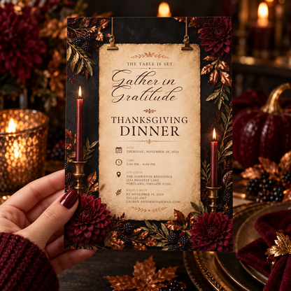 Gather in Gratitude Thanksgiving Dinner invitation Canva template held in hand, editable burgundy dahlia design