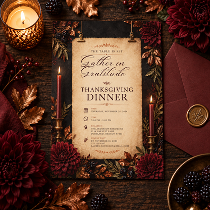 Gather in Gratitude Thanksgiving Dinner invitation Canva template with maroon envelope and wax seal, editable moody design