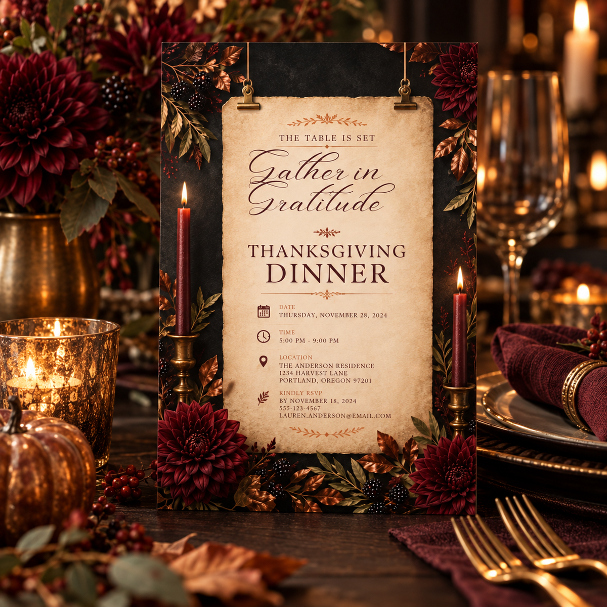Gather in Gratitude Thanksgiving Dinner invitation template displayed at candlelit table setting, editable digital download