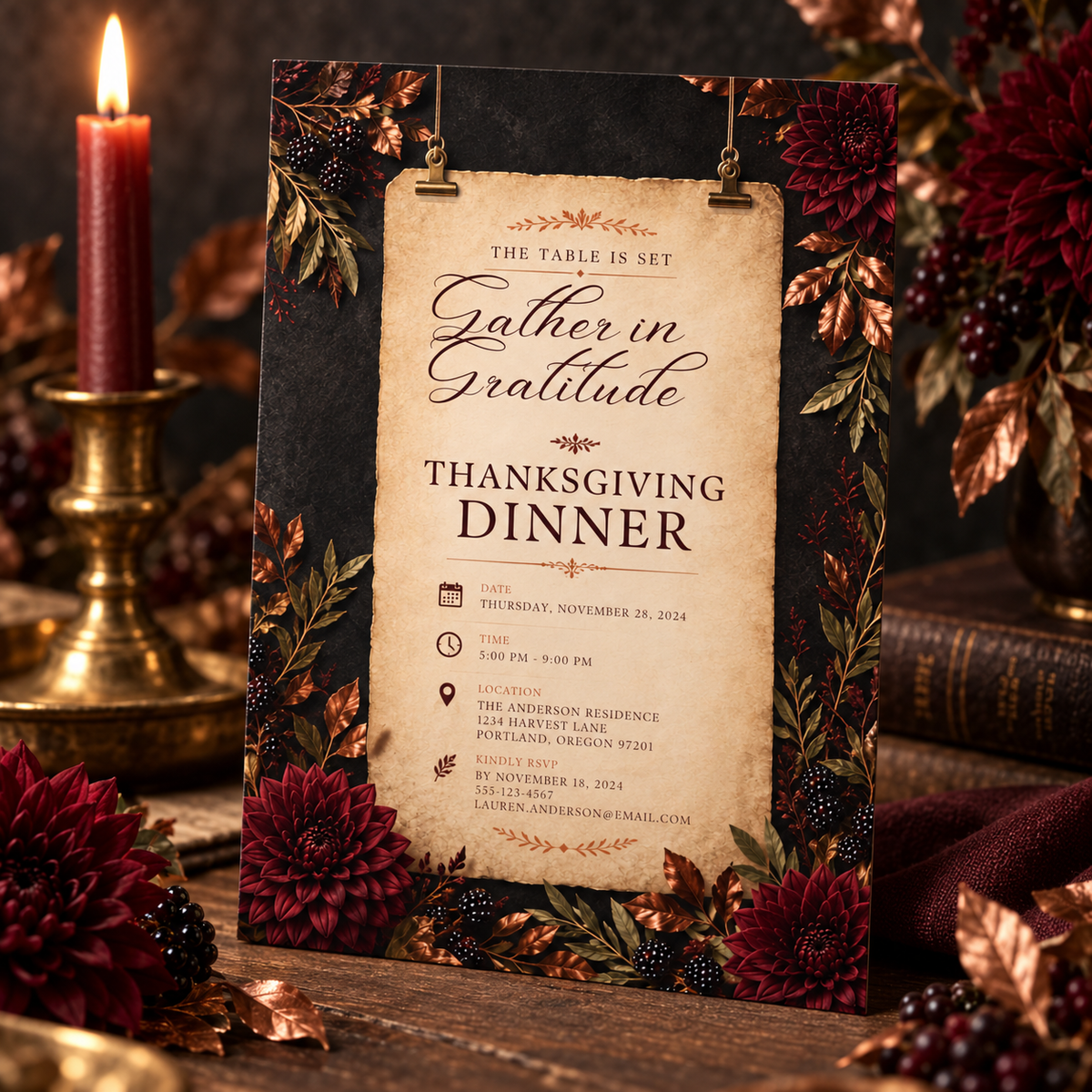Close-up of editable Gather in Gratitude Thanksgiving Dinner invitation with candle and books
