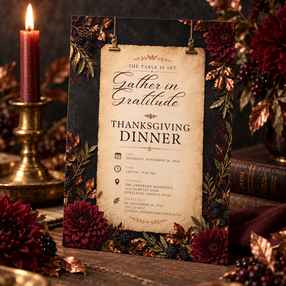 Close-up of editable Gather in Gratitude Thanksgiving Dinner invitation with candle and books