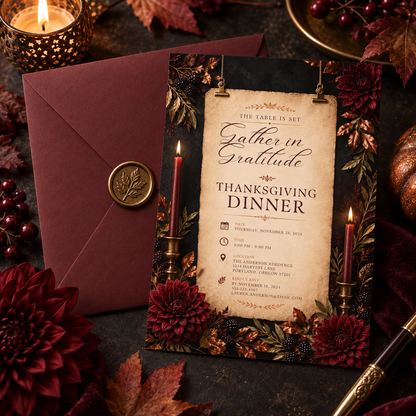 Gather in Gratitude Thanksgiving Dinner invitation Canva template with maroon envelope, editable dark academia design