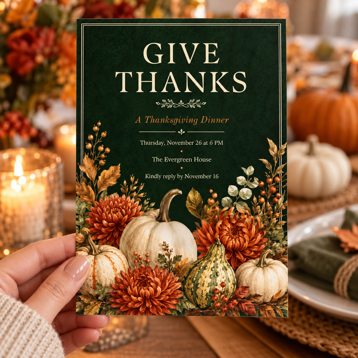 Give Thanks Thanksgiving Dinner invitation Canva template held in hand, editable emerald pumpkin design