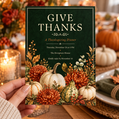 Give Thanks Thanksgiving Dinner invitation Canva template held in hand, editable emerald pumpkin design