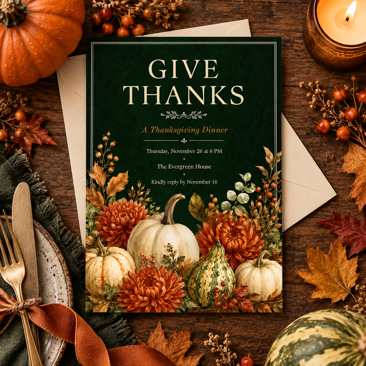 Give Thanks Thanksgiving Dinner invitation Canva template with tan envelope, editable elegant green design