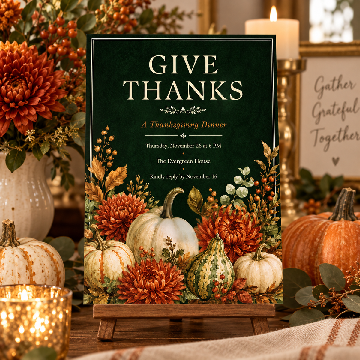 Give Thanks Thanksgiving Dinner invitation template displayed on wooden easel, editable digital download