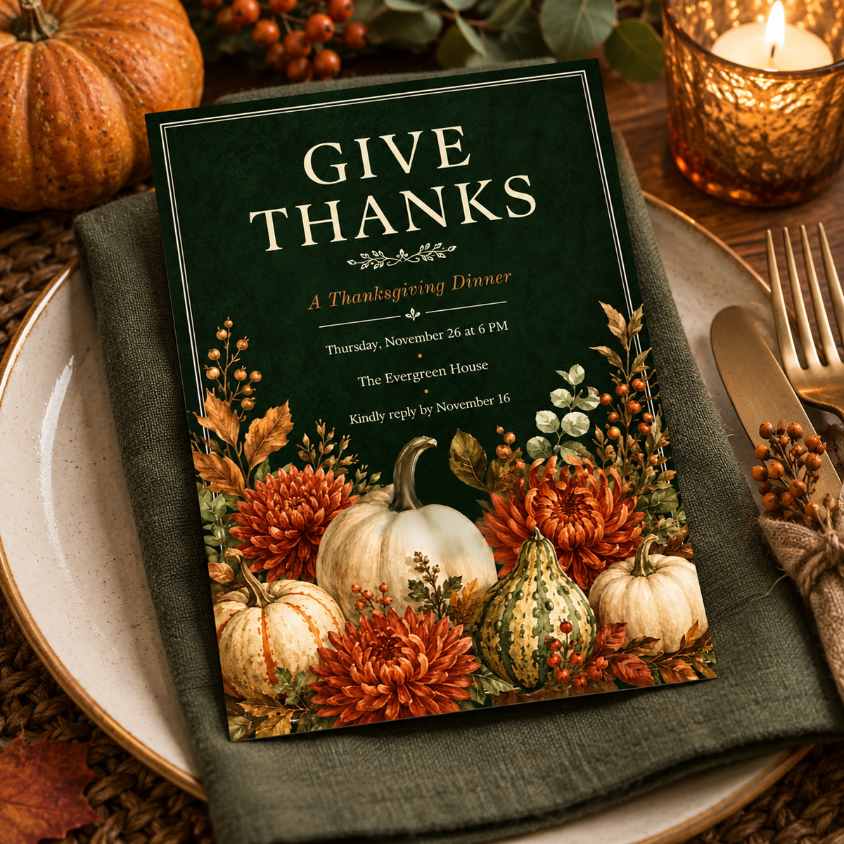 Give Thanks Thanksgiving Dinner invitation template at table setting with gold flatware, editable pumpkin design