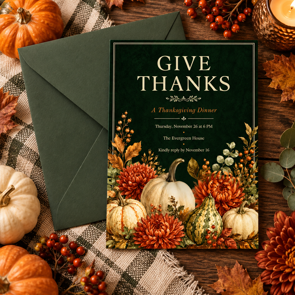 Give Thanks Thanksgiving Dinner invitation Canva template with dark green envelope, editable autumn design