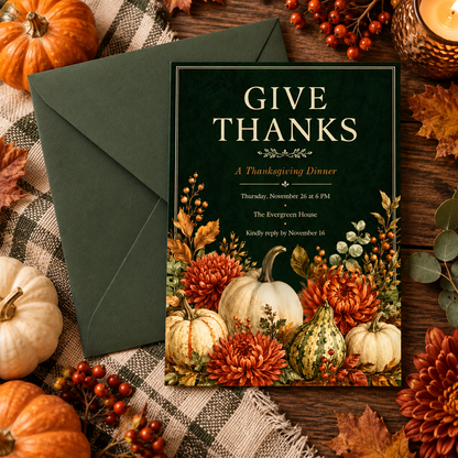 Give Thanks Thanksgiving Dinner invitation Canva template with dark green envelope, editable autumn design