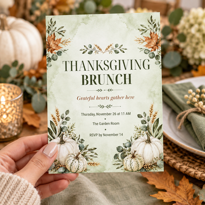 Thanksgiving Brunch invitation Canva template held in hand, editable sage green pumpkin design