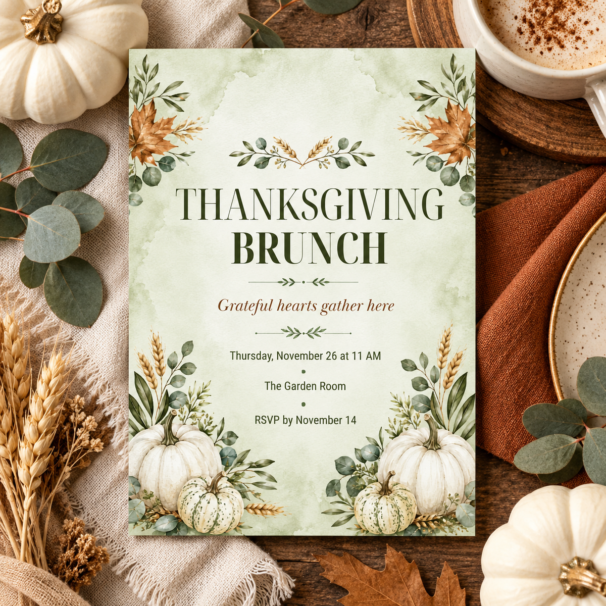 Thanksgiving Brunch invitation Canva template with coffee and eucalyptus, editable watercolor design