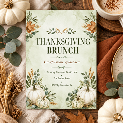 Thanksgiving Brunch invitation Canva template with coffee and eucalyptus, editable watercolor design