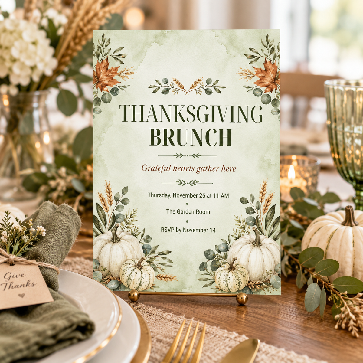 Thanksgiving Brunch invitation template displayed at table setting with Give Thanks tag, editable digital download