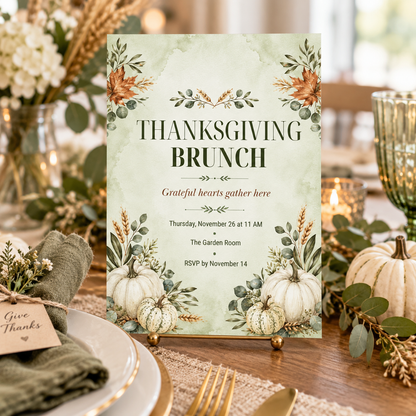 Thanksgiving Brunch invitation template displayed at table setting with Give Thanks tag, editable digital download