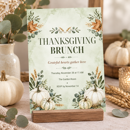 Thanksgiving Brunch invitation template on wooden stand, editable sage pumpkin design