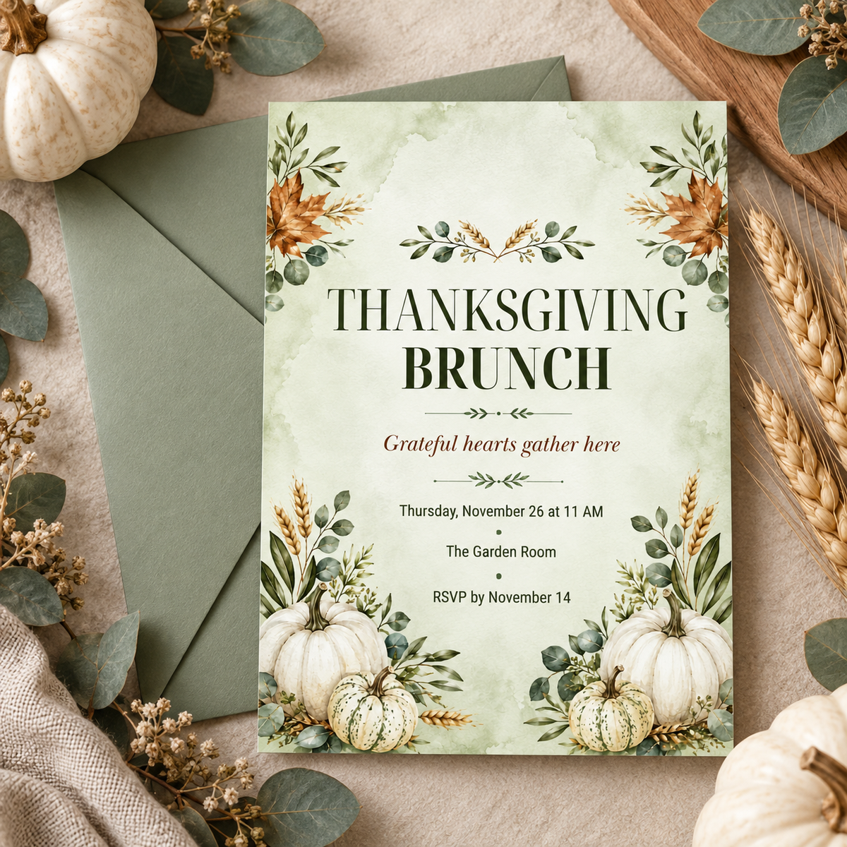 Thanksgiving Brunch invitation Canva template with sage green envelope, editable autumn design