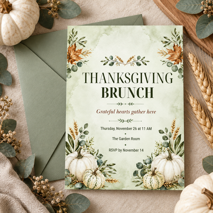 Thanksgiving Brunch invitation Canva template with sage green envelope, editable autumn design
