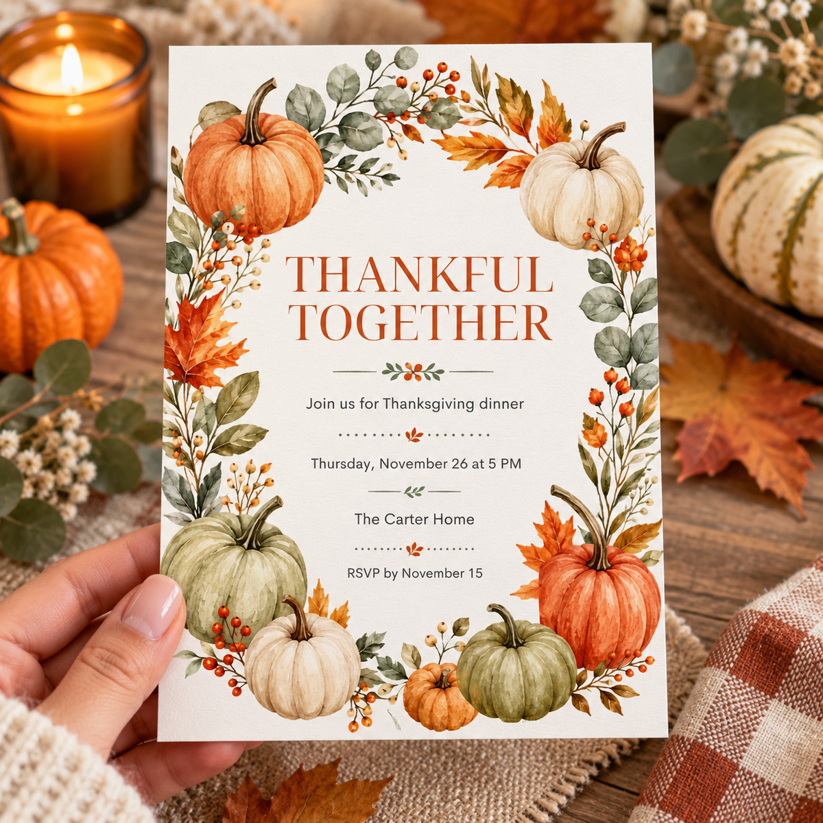 Thankful Together Thanksgiving Dinner invitation Canva template held in hand, editable watercolor pumpkin wreath design