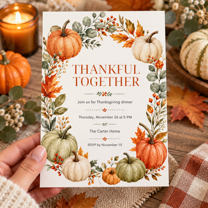 Thankful Together Thanksgiving Dinner invitation Canva template held in hand, editable watercolor pumpkin wreath design