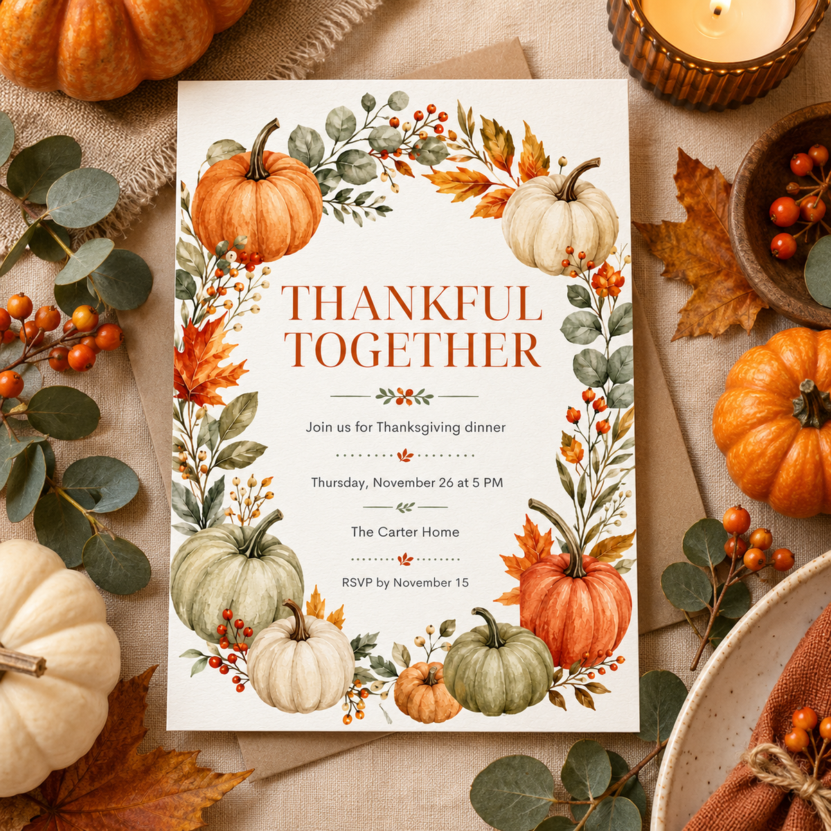 Thankful Together Thanksgiving Dinner invitation Canva template with kraft envelope, editable autumn design