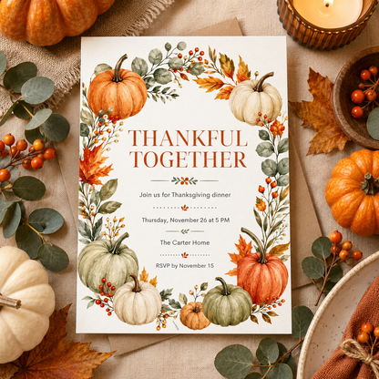 Thankful Together Thanksgiving Dinner invitation Canva template with kraft envelope, editable autumn design