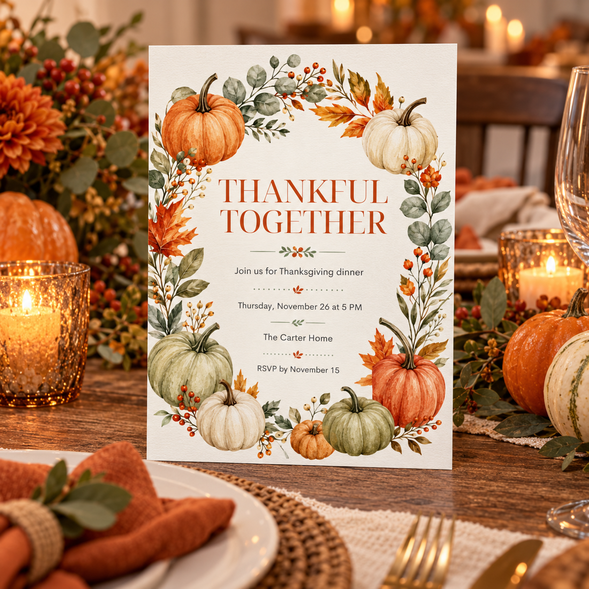 Thankful Together Thanksgiving Dinner invitation template displayed at table setting with wine glass, editable digital download