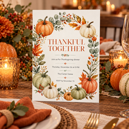 Thankful Together Thanksgiving Dinner invitation template displayed at table setting with wine glass, editable digital download