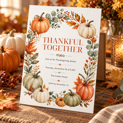 Thankful Together Thanksgiving Dinner invitation template near candle, editable pumpkin wreath design