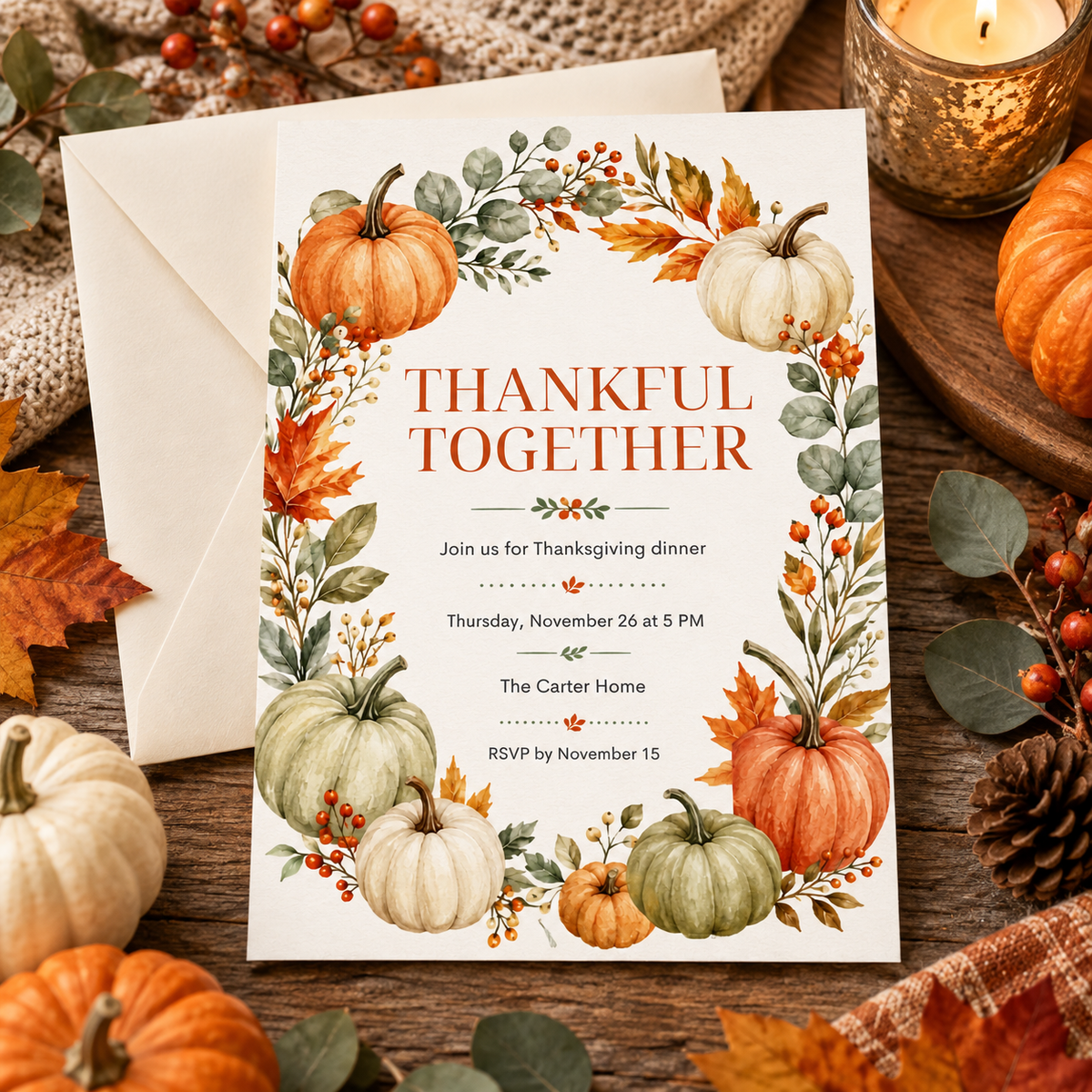 Thankful Together Thanksgiving Dinner invitation Canva template with cream envelope, editable fall design