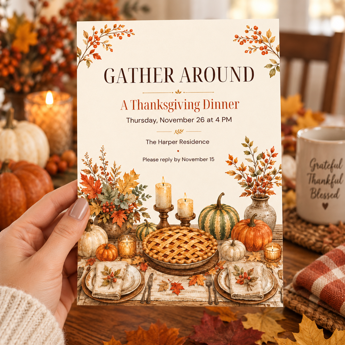 Gather Around Thanksgiving Dinner invitation Canva template held in hand, editable pumpkin pie design