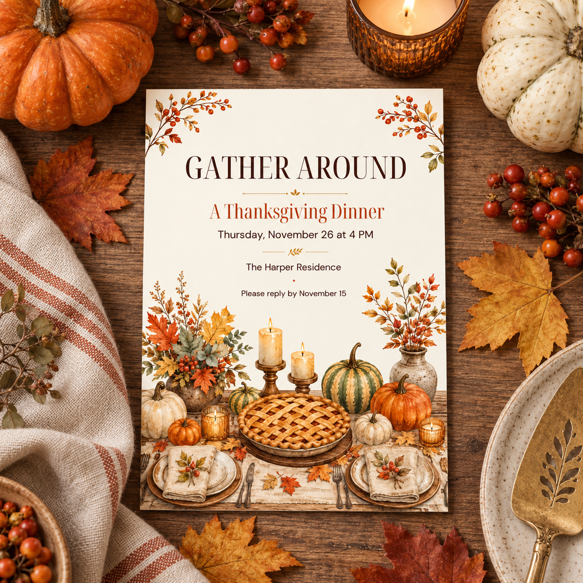 Gather Around Thanksgiving Dinner invitation Canva template with candlelit harvest table, editable rustic design