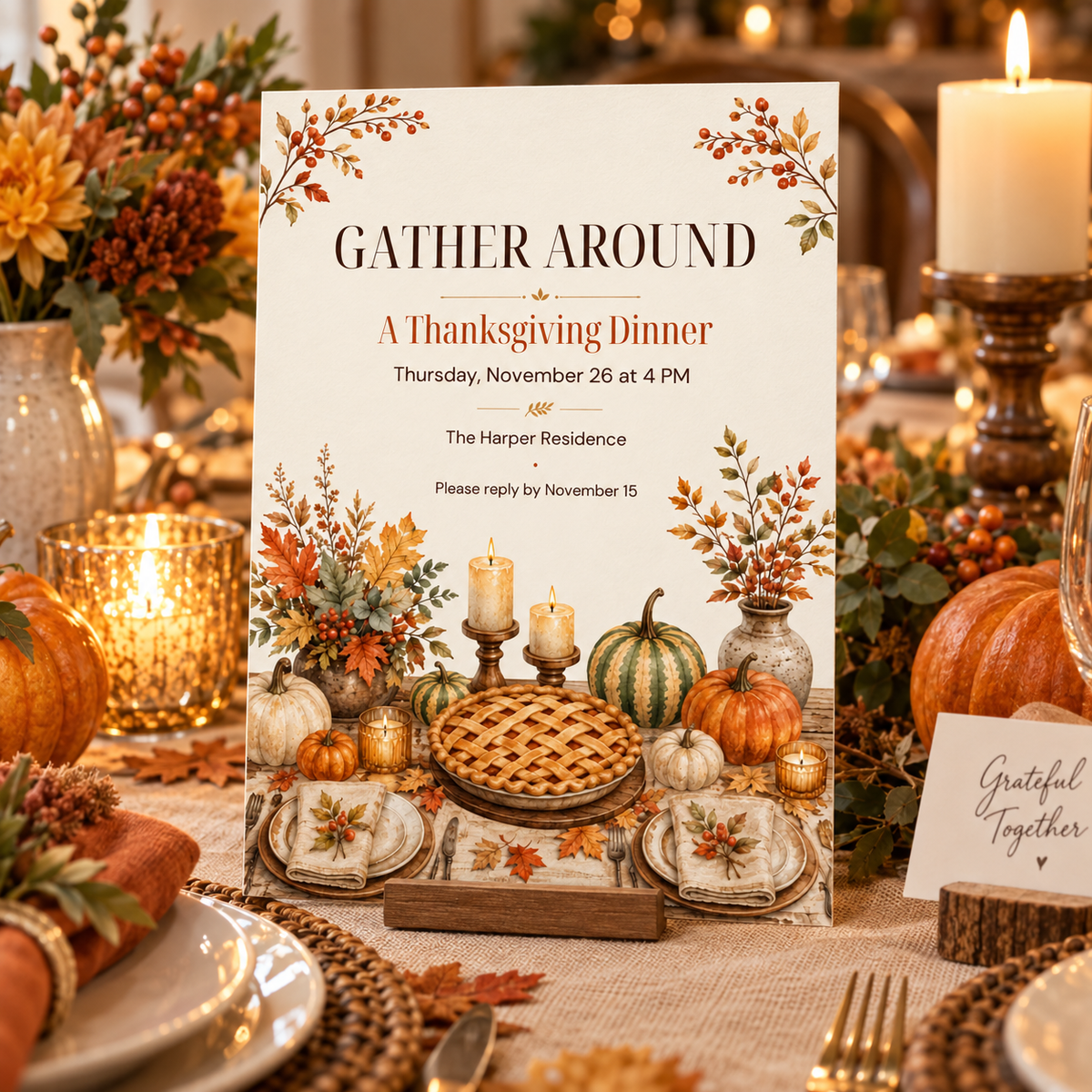 Gather Around Thanksgiving Dinner invitation template on wooden stand with Grateful Together card, editable digital download