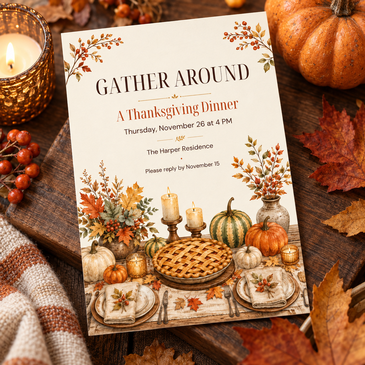 Gather Around Thanksgiving Dinner invitation template at place setting, editable pumpkin pie design