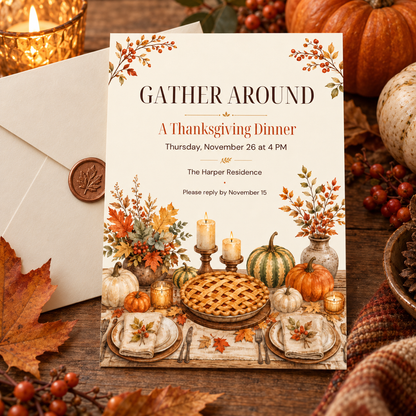 Gather Around Thanksgiving Dinner invitation Canva template with cream envelope and wax seal, editable harvest design