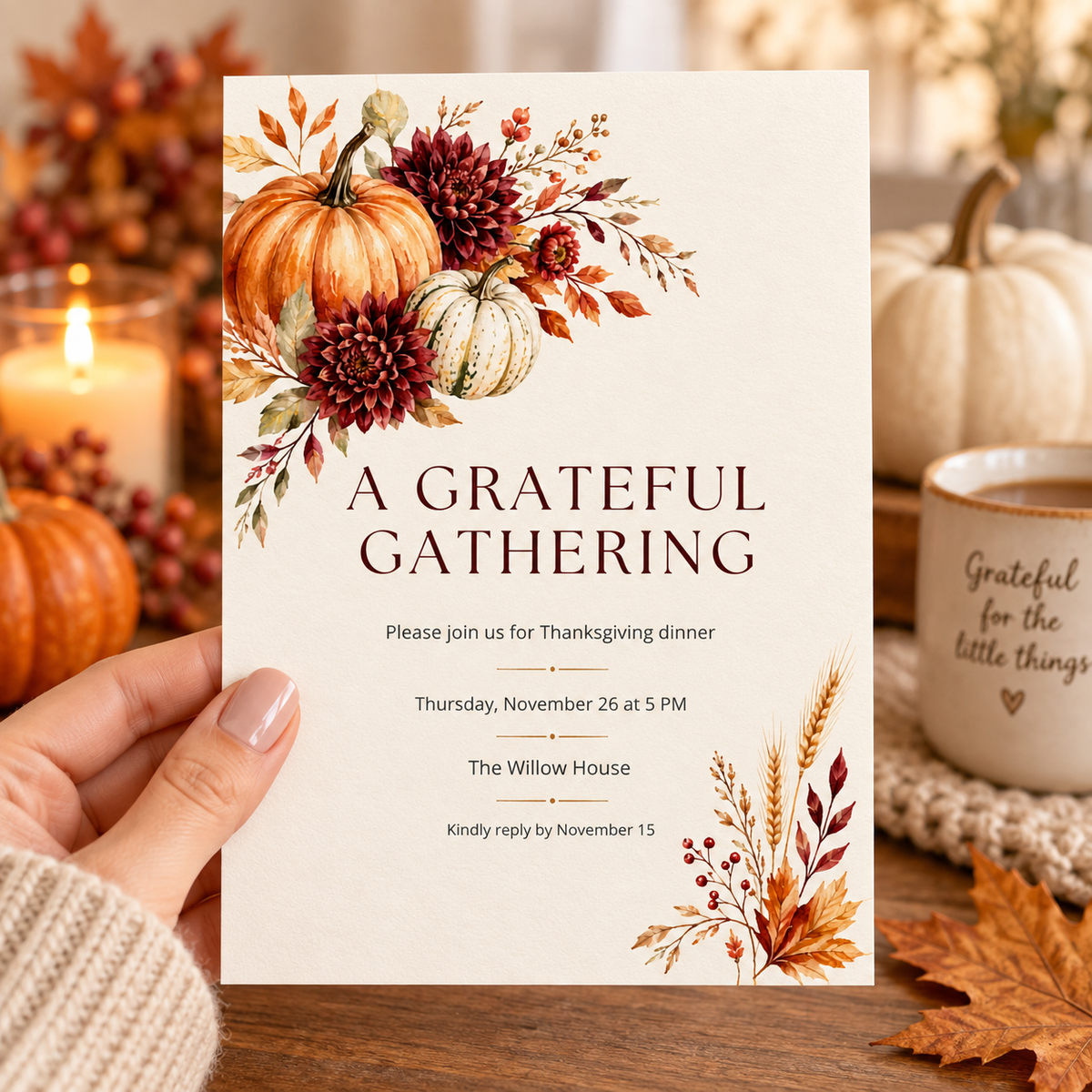 A Grateful Gathering Thanksgiving Dinner invitation Canva template held in hand, editable burgundy dahlia design