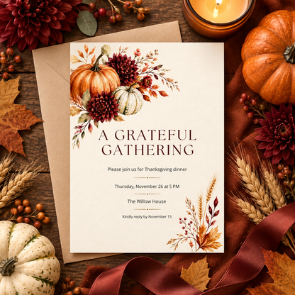 A Grateful Gathering Thanksgiving Dinner invitation Canva template with kraft envelope, editable watercolor pumpkin design