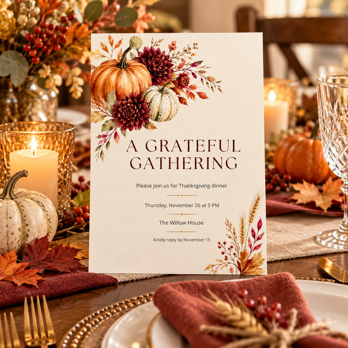A Grateful Gathering Thanksgiving Dinner invitation template displayed at table setting with gold flatware, editable digital download