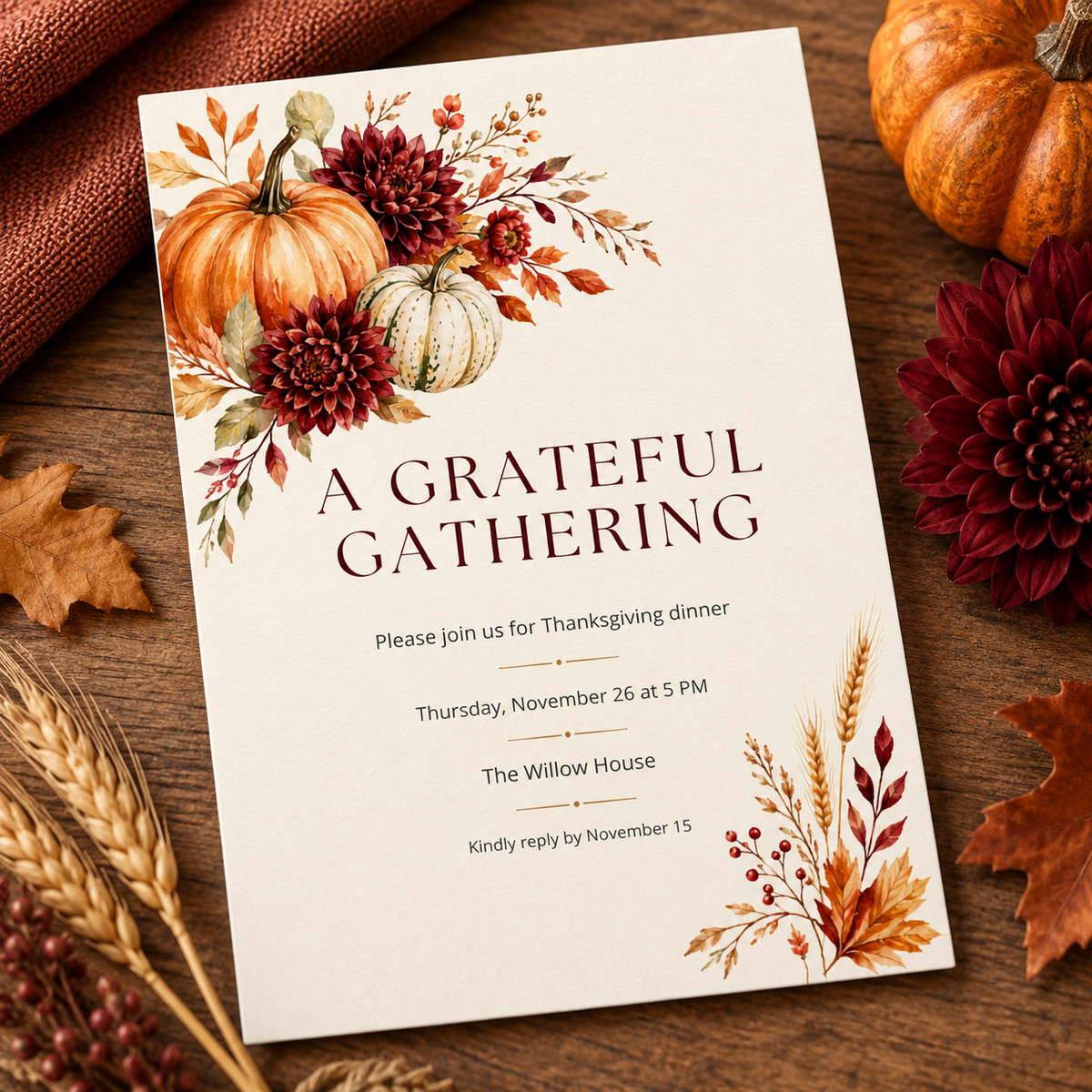 A Grateful Gathering Thanksgiving Dinner invitation template with wheat and burgundy ribbon, editable autumn design