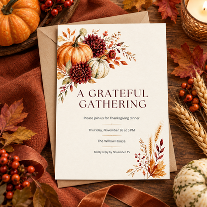 A Grateful Gathering Thanksgiving Dinner invitation Canva template with kraft envelope and ribbon, editable fall design